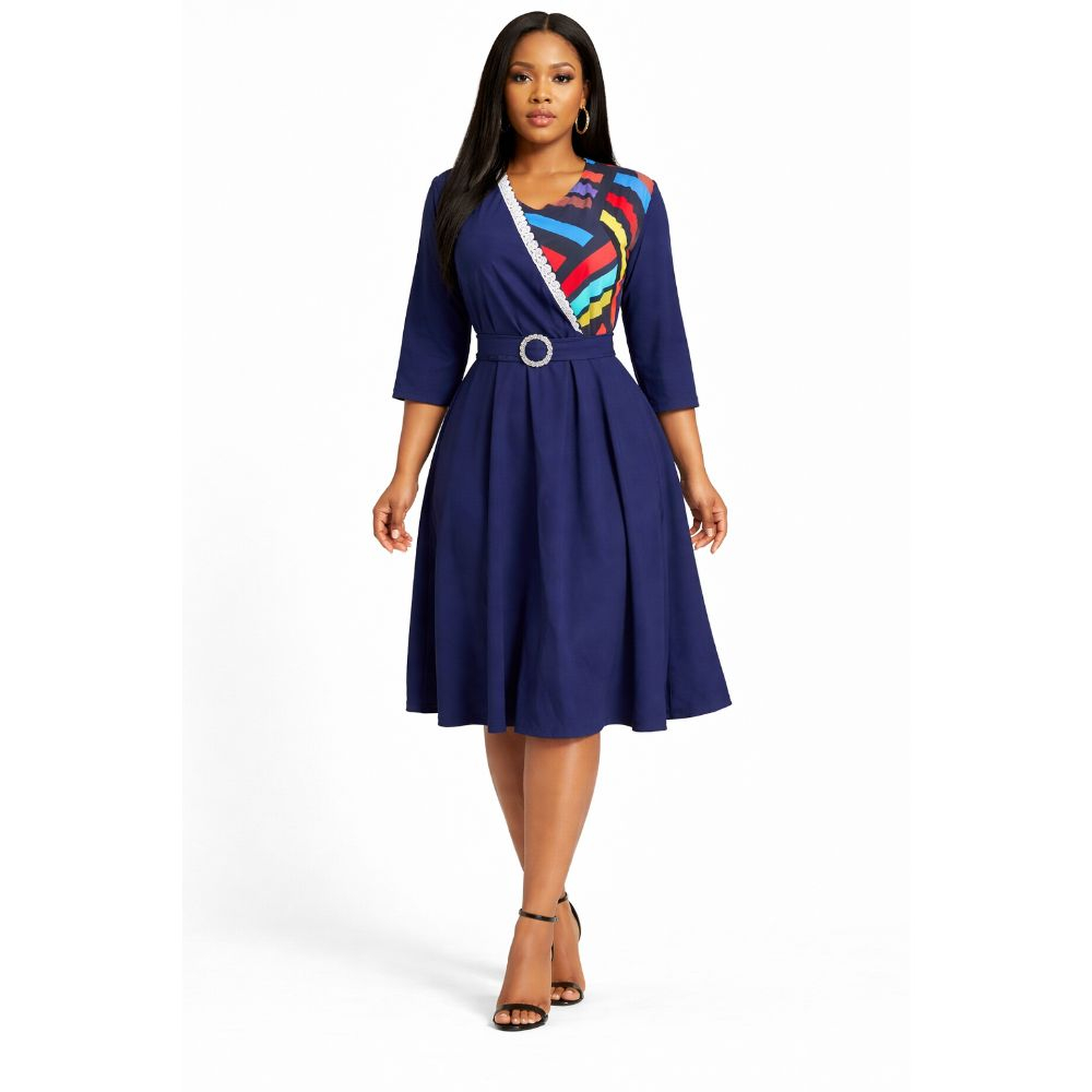 Navy Blue Flare Dress with Contrast Panel and Waist Belt